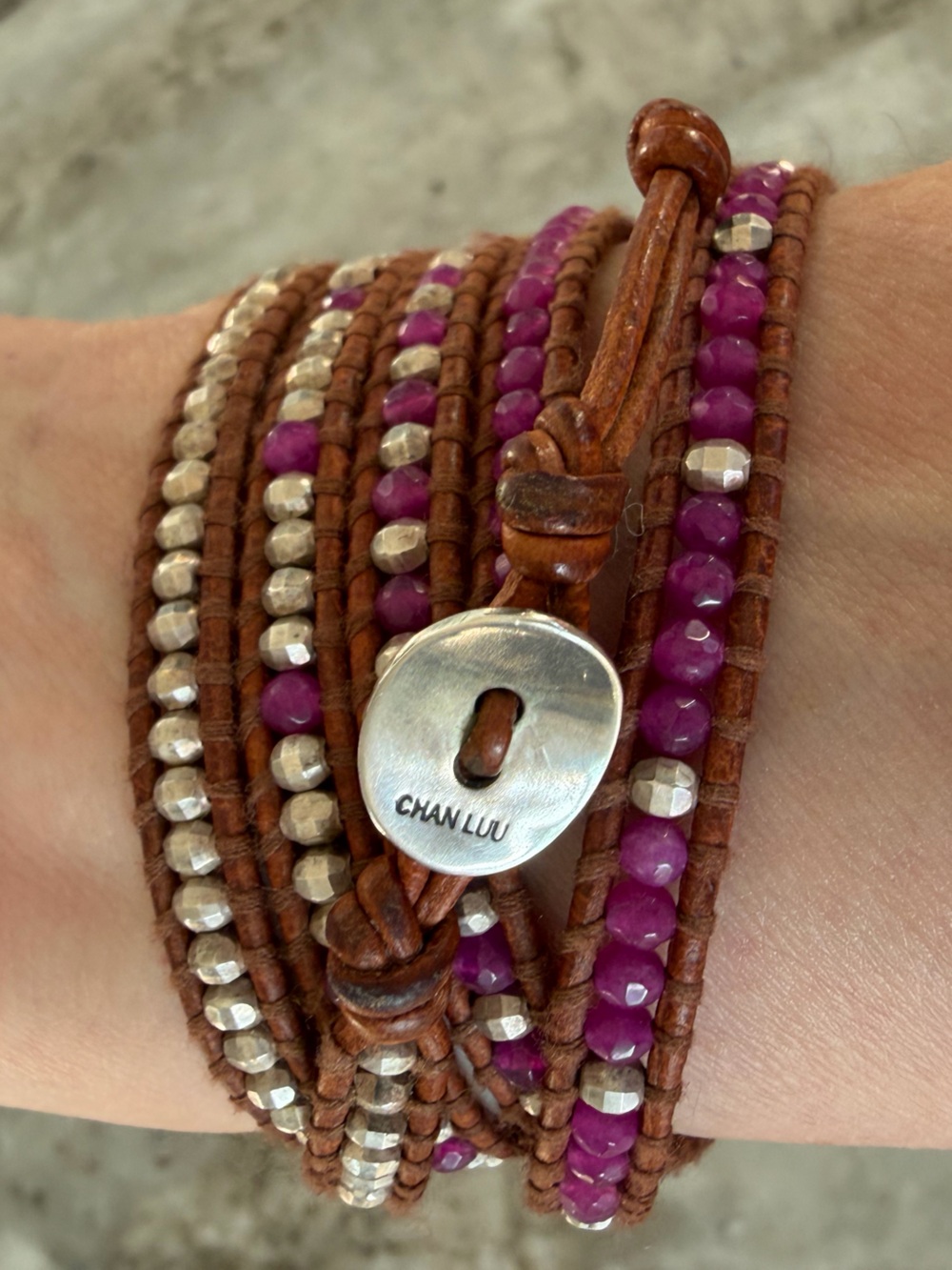 CHAN LUU Brown Leather Wrap Bracelet with Purple/Pink and Silver Beads